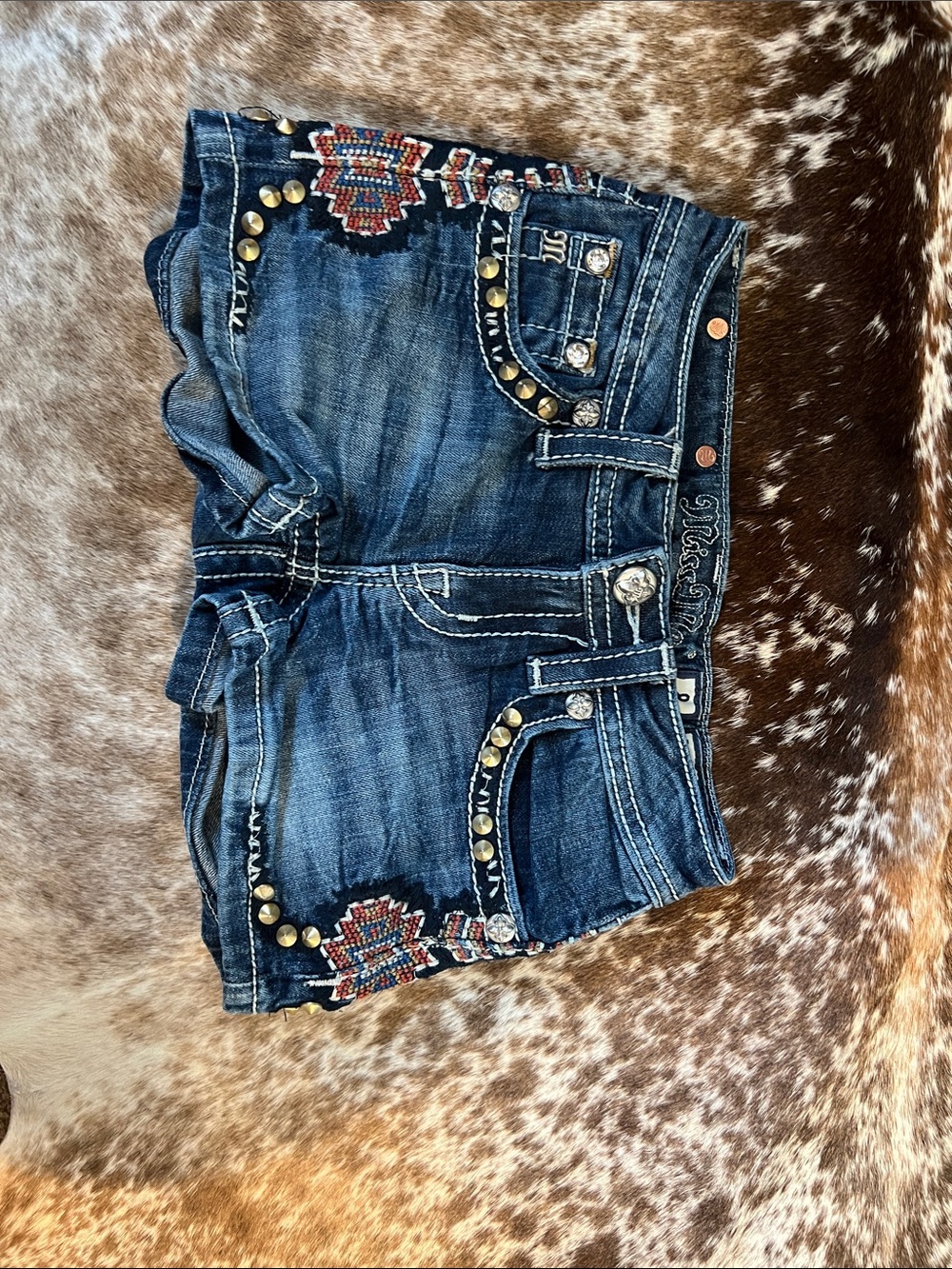 Miss Me Dark Blue Embellished Denim Shorts with Beaded Accents